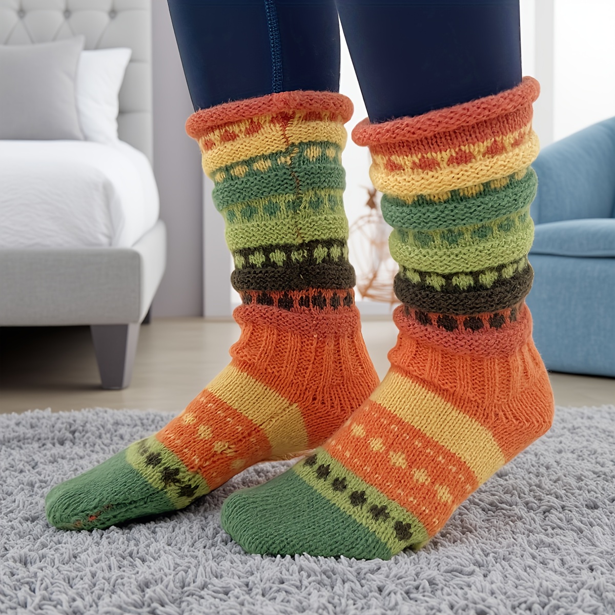TEMU Une paire de chaussettes d'hiver tendance pour femmes à rayures colorées, , chaudes et confortables