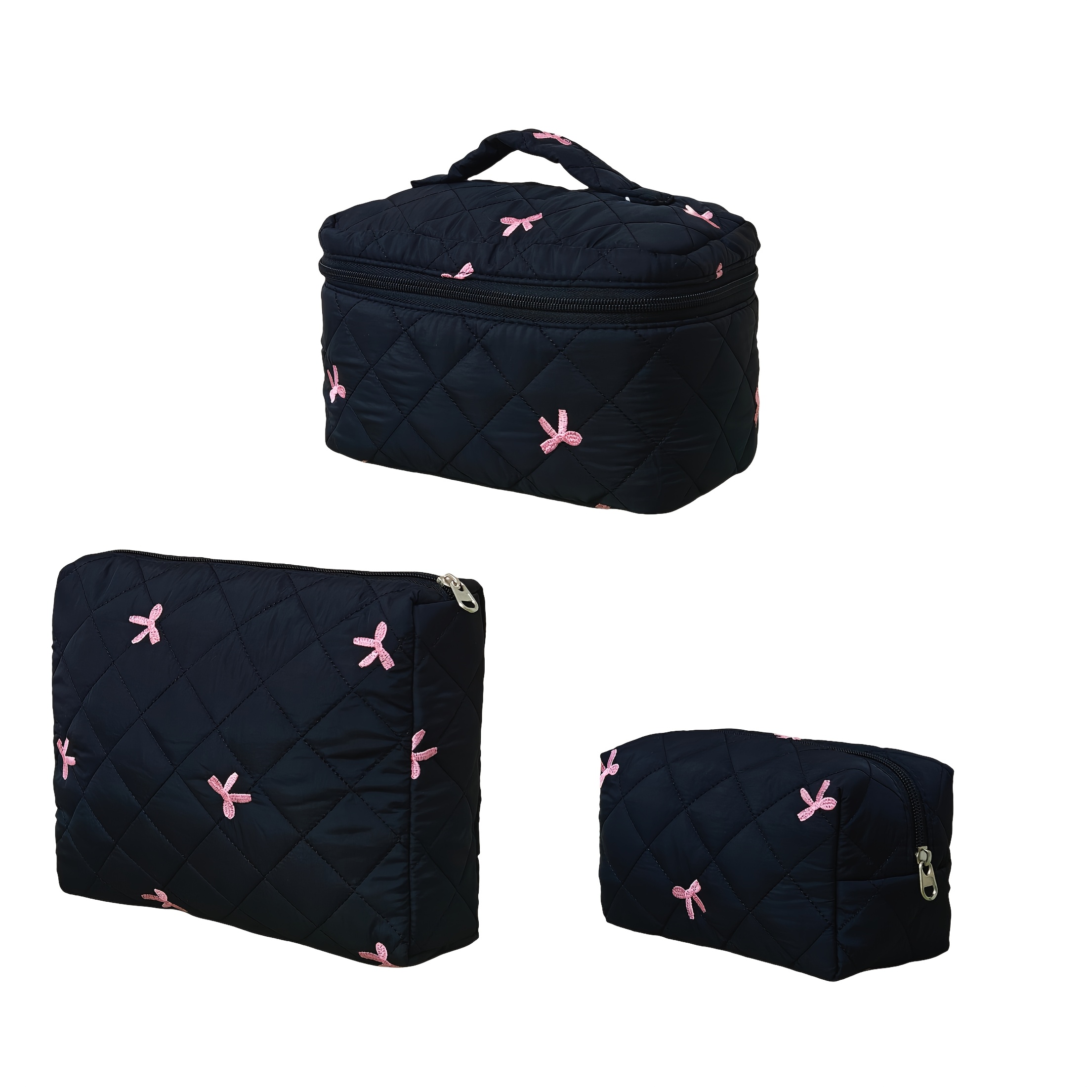 E-shop Schwarze Basis Rosa Schleife Stickerei Make-up Tasche, Exquisite Einzeln Leichte Allzweck Handtasche, Tragbare Große Kapazität Multifunktionale