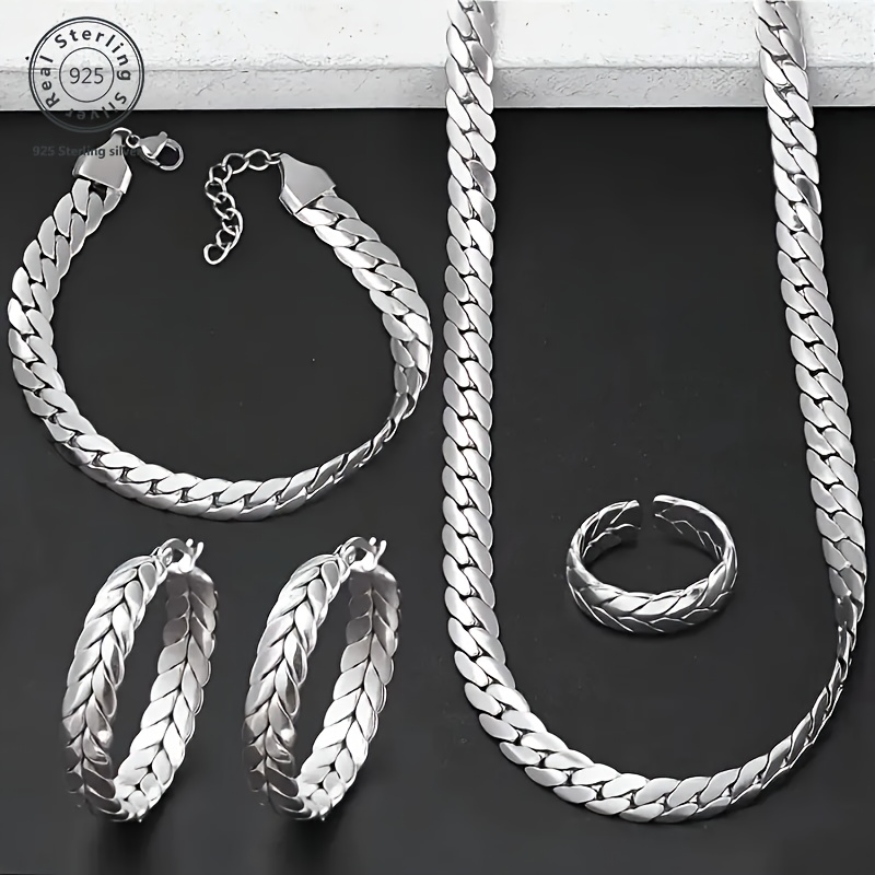 

925 Silver Plated Jewelry 4pcs Set (ring, Necklace, Earrings, Bracelet) - Cuban Chain Design, Hypoallergenic Chain, Suitable For , Comes With A Box