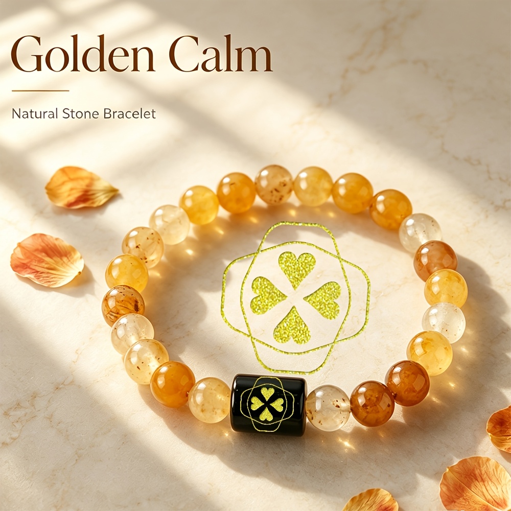 Women's Natural Agate Beaded Bracelet with Golden Engraved Hearts