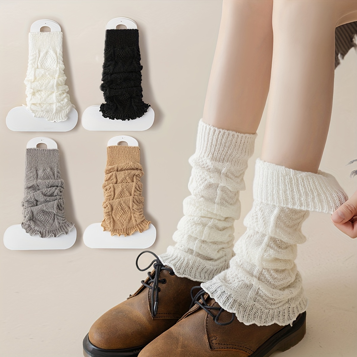 

4pcs Elegant Knit Leg Warmers For Women - , Warm & Stretchy With Cute Lace Trim, Fall/winter