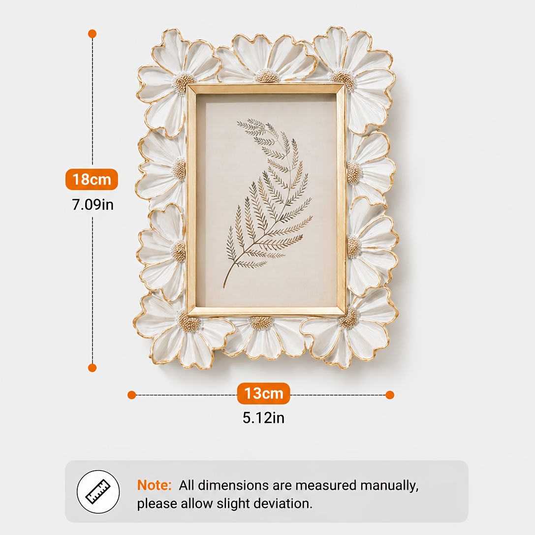 1pc White Resin Frame With , 3d Daisy Flower Pattern Decorative Photo Frame, Square Shape For Home Desktop Display, Horizontal & Vertical Use, Suitable For Home Decor And Photography Props