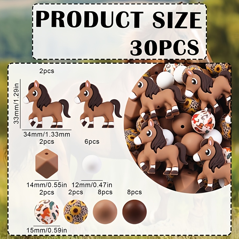 TEMU Wholesale 30pcs Cute 3d Animal Horse Silicone Bead Set - Silicone Beads, Jewelry Making Beads, Polygonal + Printed Round Beads, Fashionable
