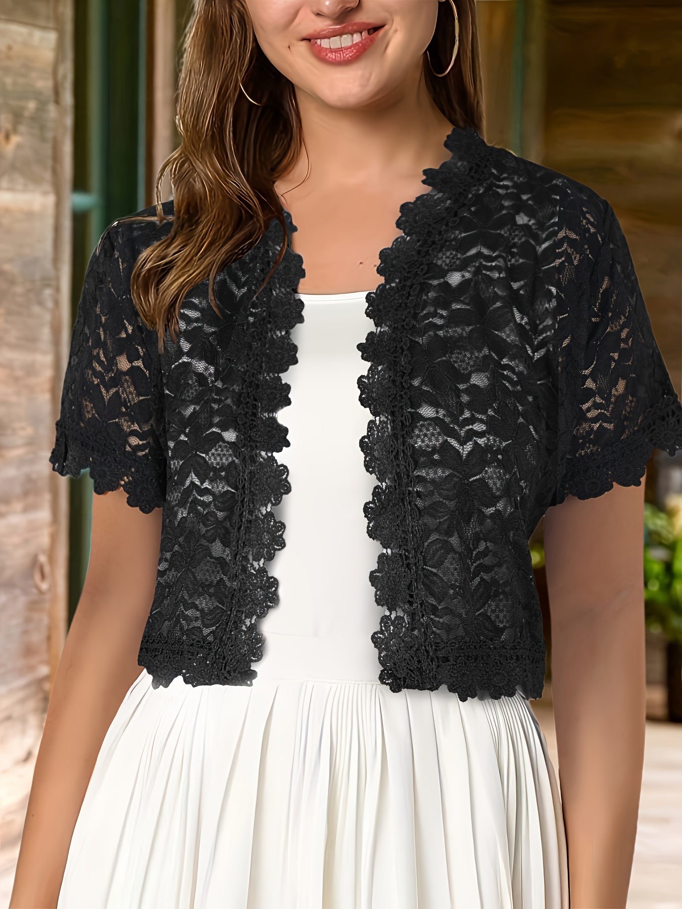 Women'S Elegant Yellow Lace Short Sleeve Cardigan - Sheer V-Neck, Short Length, All-Season Wear, Perfect for Formal Events and Casual Attire, Formal Attire|Elegant Lace Design|Sheer Fabric, Lace Coverup