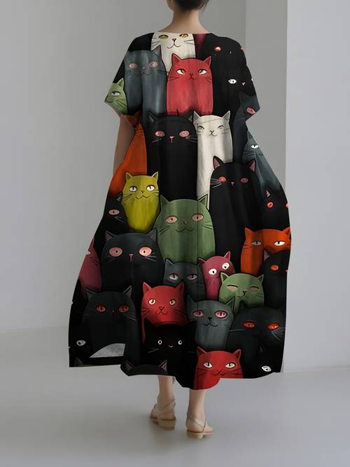 womens bohemian cat print maxi dress short sleeve round neck loose fit flared skirt with pockets vibrant casual party dress for spring summer fall cat dress summer fashion pullover style