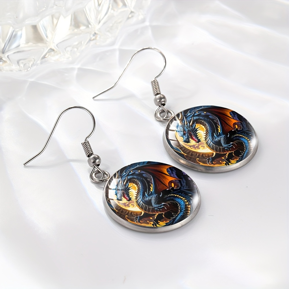 Trendy Blue Dragon-Shaped Round Gem Hook Earrings