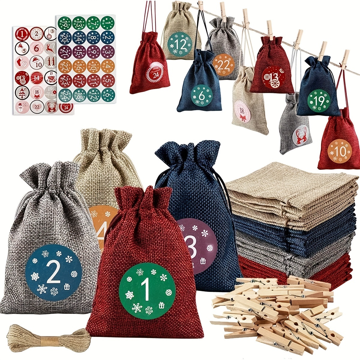 

24-pack Christmas Drawstring Gift Bags Set With Numbered Advent Calendar Stickers, Clothespins And Hemp Rope - Multifunctional Burlap Fabric Pouches For Party Favors, Jewelry, And Candy Packaging