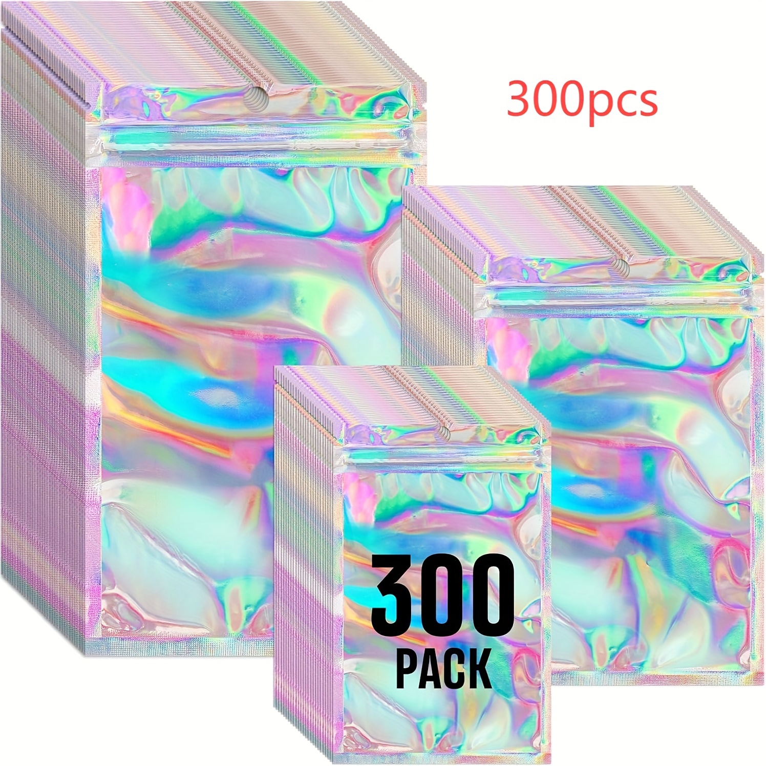 TEMU 300 Packs Of 3 Sizes Of Holographic Storage Bags With Clear Windows, Sealable Bags, Odor Proof Bags, Zipper Bags For Food Storage, Samples,