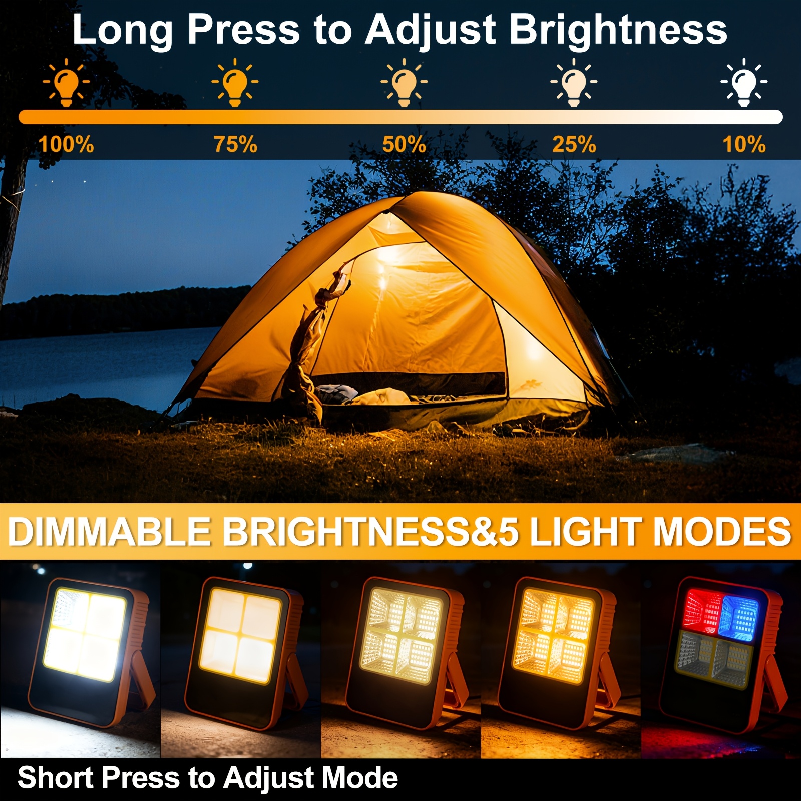 Portable Charger & Flashlight with USB Fast Charging, 1200mAh Solar Camping Light, 5 Lighting Modes, Emergency Power Bank Suitable for Outdoor, Hiking, Power Outages, Compatible with Smartphones & Tablets
