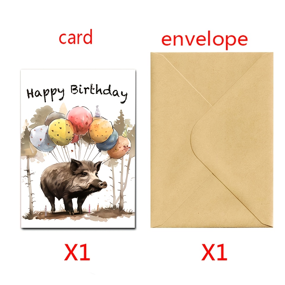 1pc With Envelope, Qu's Fun German Wild Boar Birthday Card, Featuring A Wild Boar, Balloon, And Candle , Suitable For Any Occasion—an Ideal Gift For , Brothers, Sisters, , Daughters, Husbands