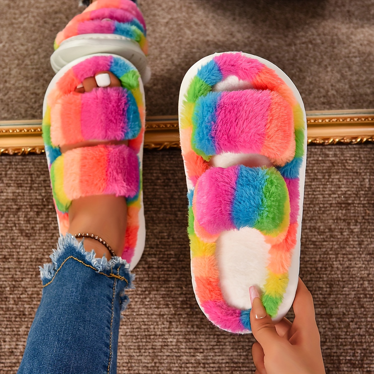 

Chic Women's Plush Slippers - Colorful, Non-slip Eva Sole, Cozy Indoor Shoes For Comfort & Style Shoes For Women Sandals For Women