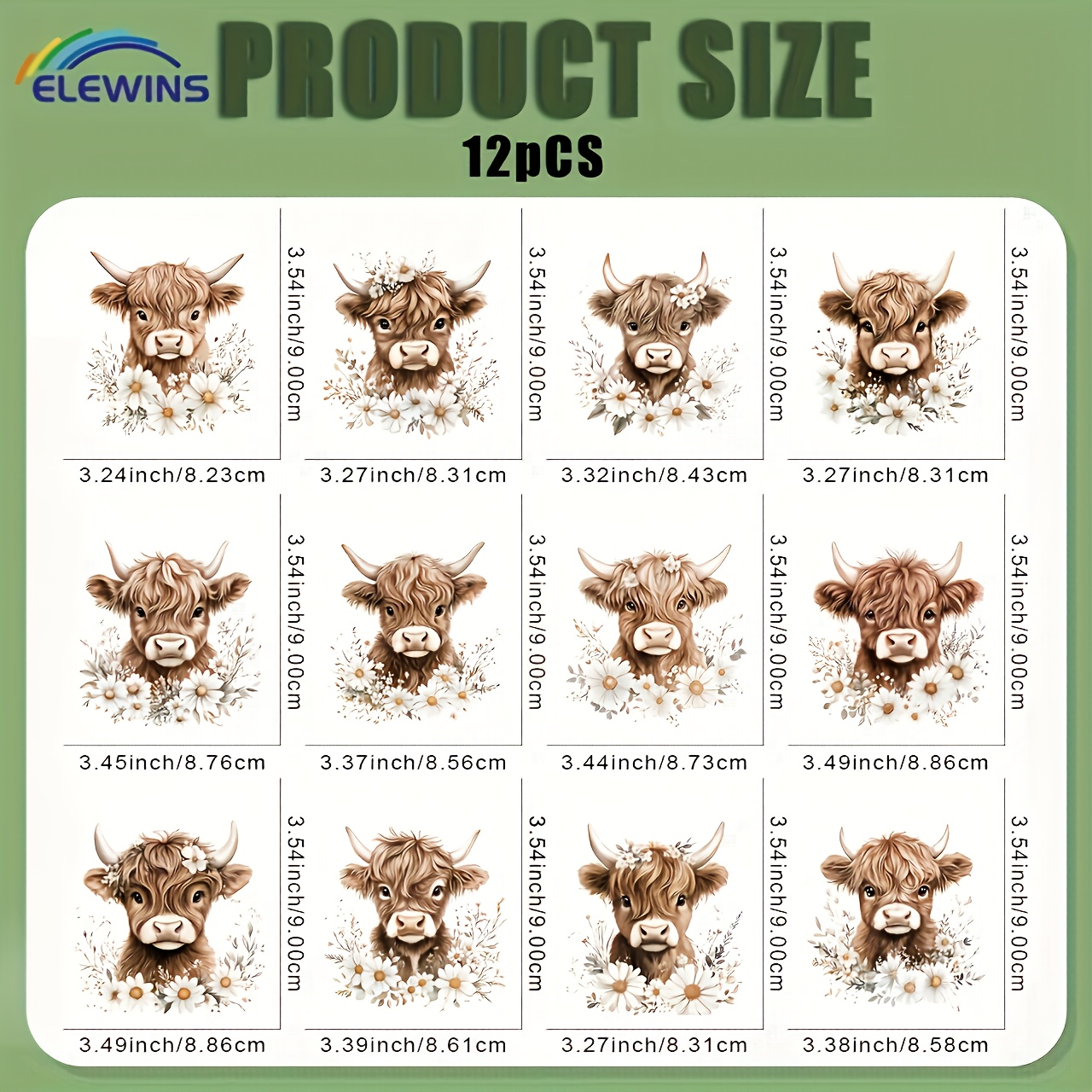 TEMU 12 pièces Thermocollants Vache des Écossaise & Marguerites - Autocollants DIY à Repasser Couture pour T-Shirts, Jeans, Tissus, Masques - Vinyle