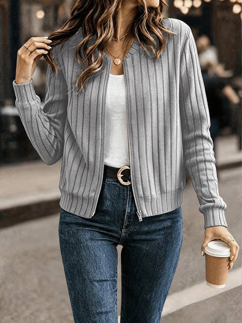 elegant directional elegant solid ribbed zipper long sleeve jacket coat fall winter style suitable elegant casual wear