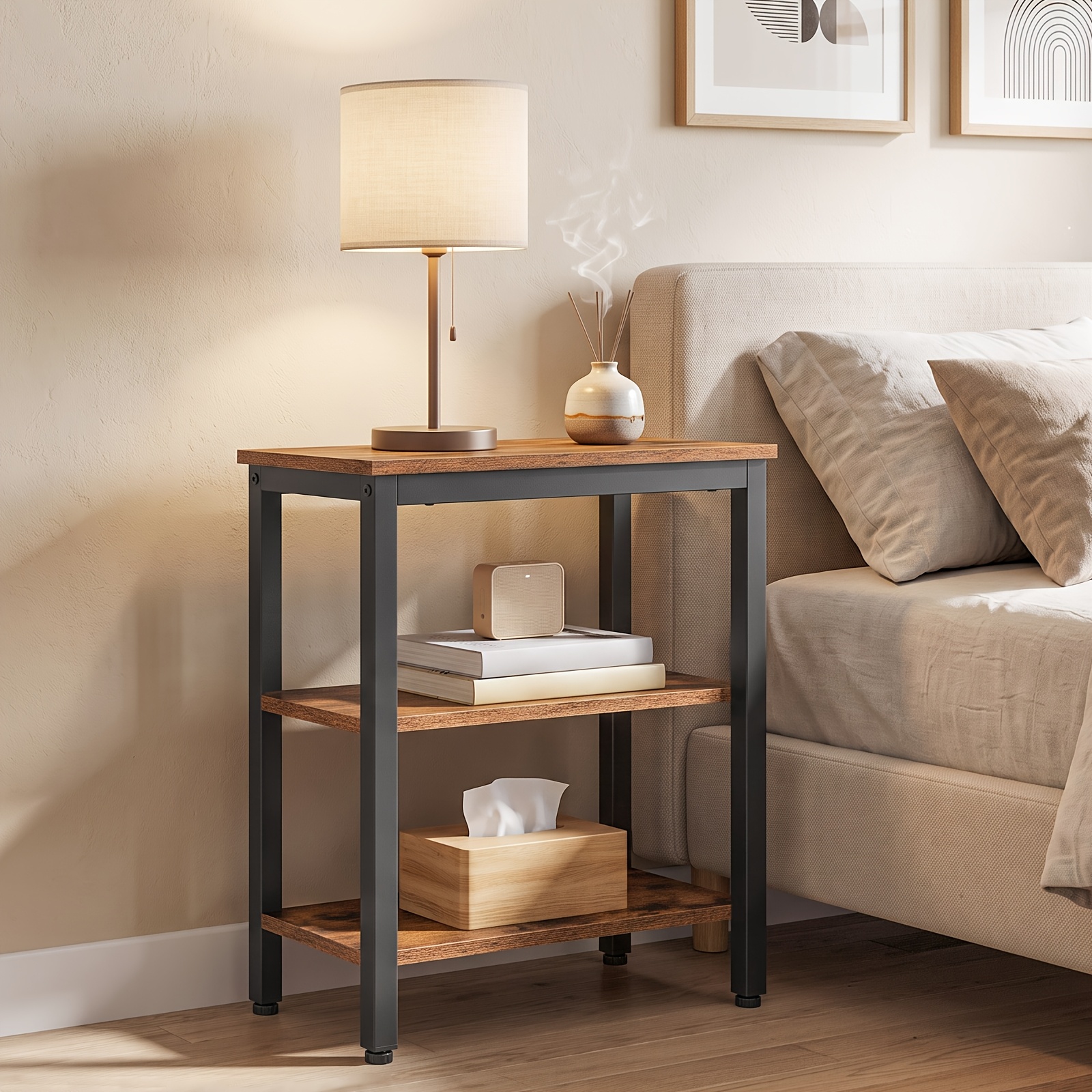 Image of Industrial Modern Side Table With 3-tier Shelves - Dark Brown Bedside Table Suitable For Bedroom, Living Room, Kitchen, Space-saving Sofa Table With Wood Top & Frame, Easy Assembly Furniture