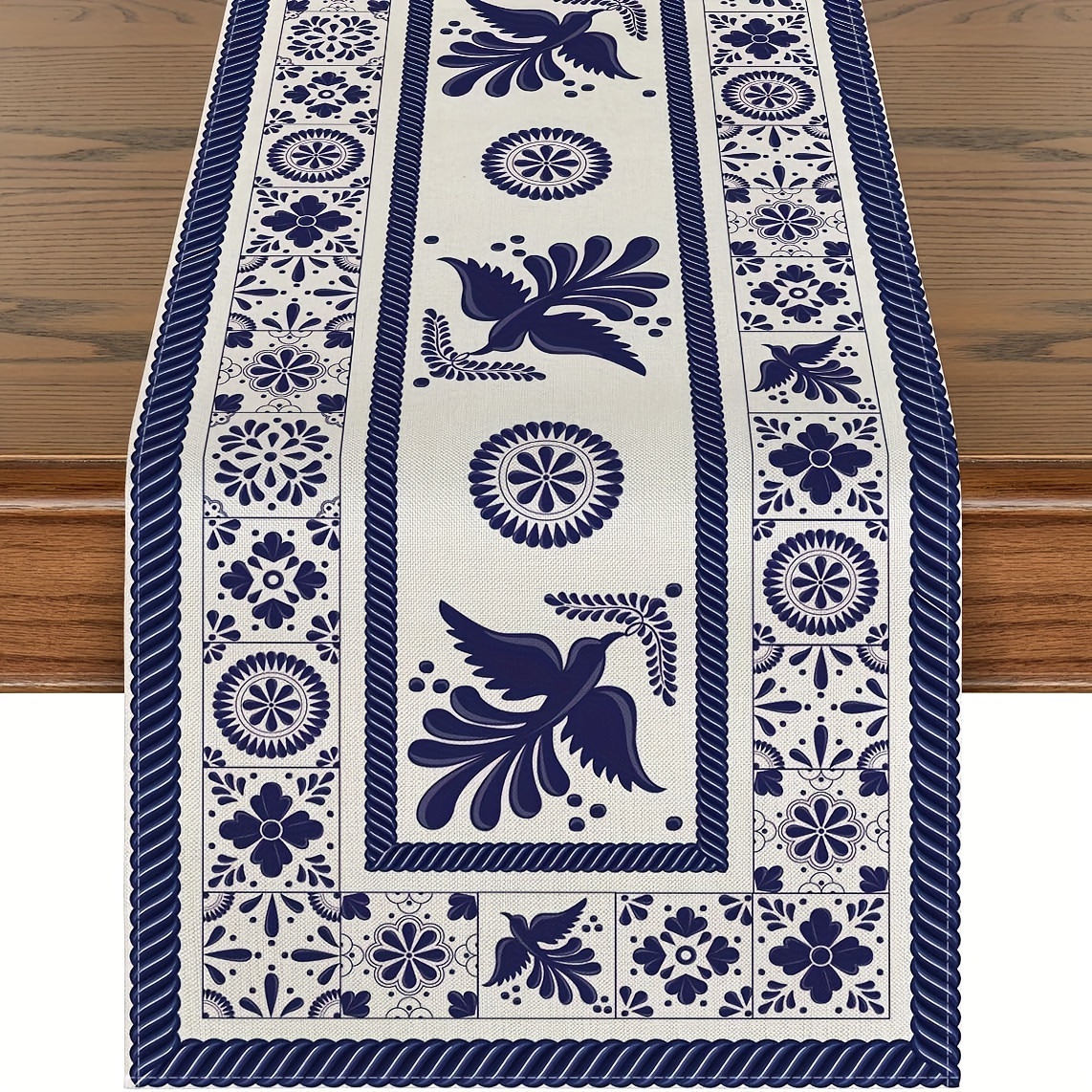 TEMU 1/4pcs, Linen Table Runner/placemats, Mode Floral Bird Dia De Los Muertos Mexican Table Runner, Blue Tiles Kitchen Dining Table Decoration For Home Party Decor