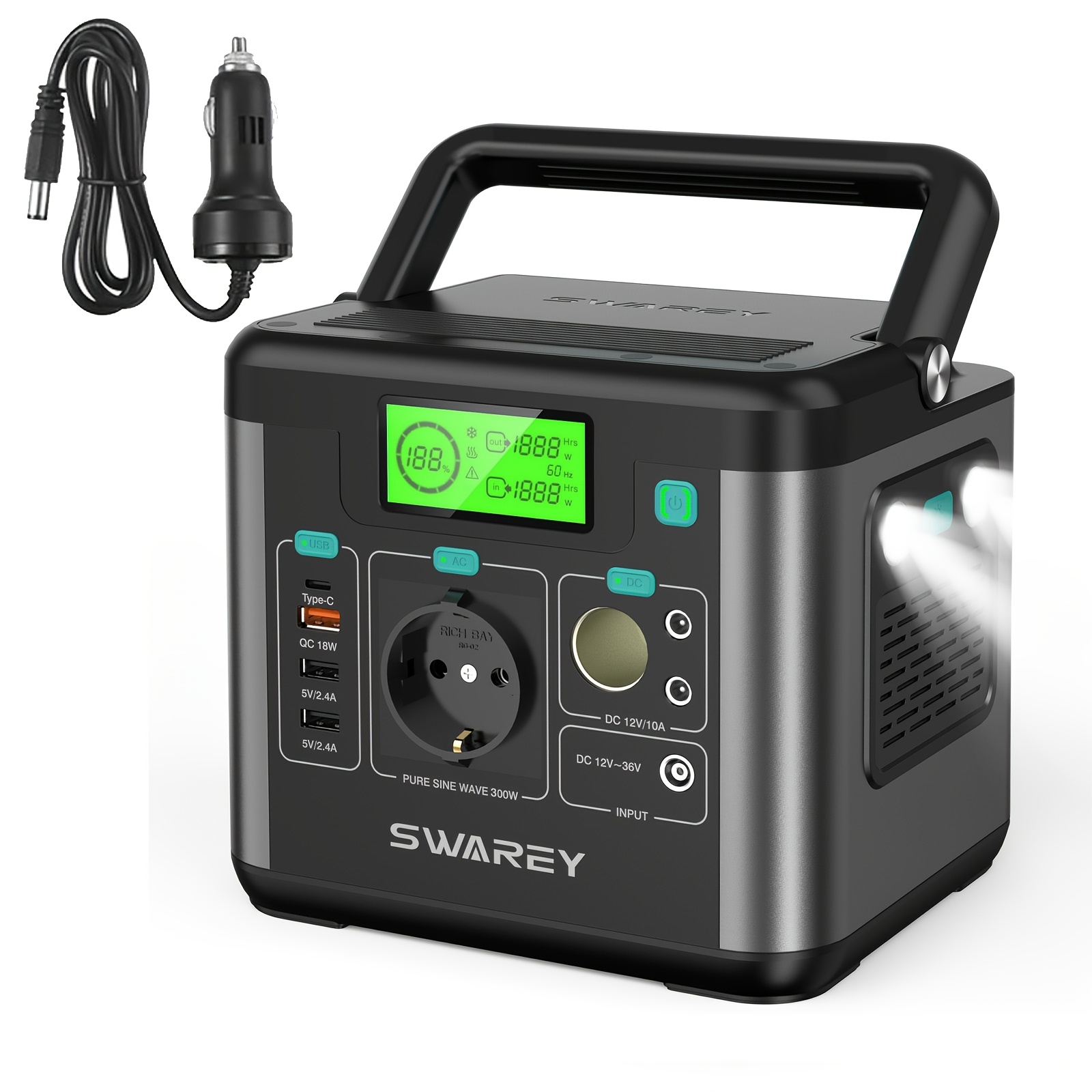 Image of Swarey Portable Power Bank Power Station, 222wh Lithium Battery Solar Generator With 300w Ac Outlet, Usb-c Pd 65w, Power Generator For Camping Travel Fishing Rv Laptop Smartphone