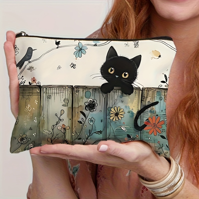 TEMU Durable And Fade-resistant, Fashionable Gift, Cute Cat Pattern Toiletry Bag, Convenient Zipper Closure, Gift For Sisters, Portable Makeup Bag,