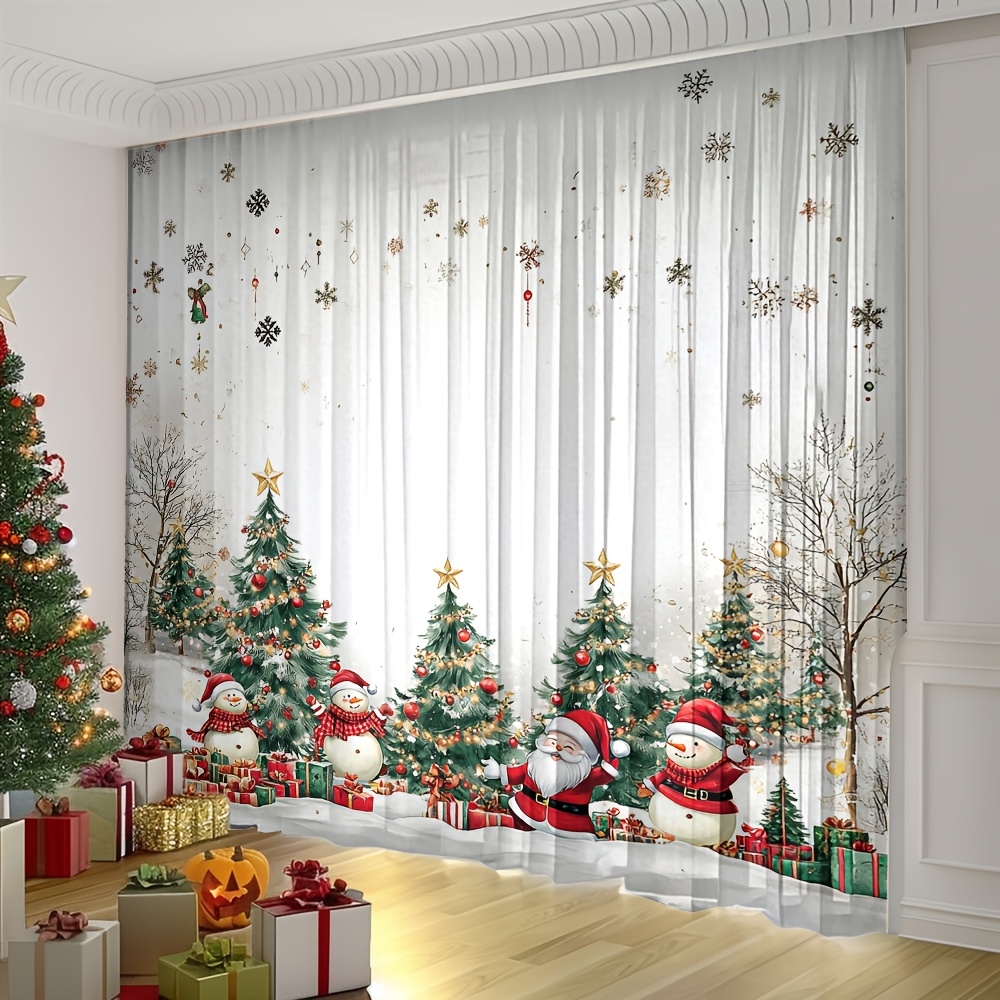 TEMU 2d Flat, [2d Printing] 2pcs Red Green Golden Christmas Tree Snowman Santa Claus Gift Box Snowflakes Stars Watercolor Curtains Natural Sheers