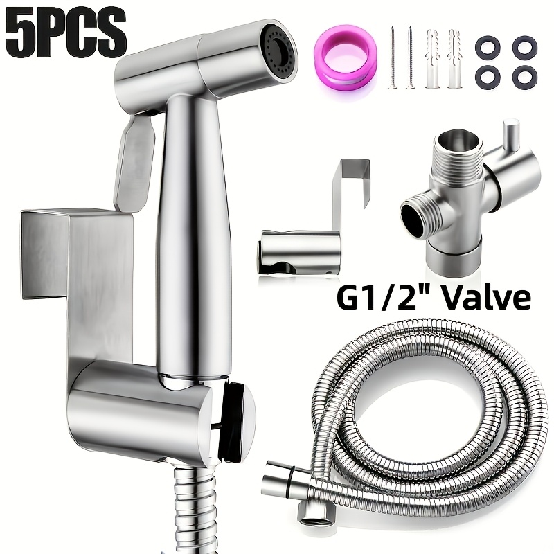 E-shop 5-teiliges Bidet-Sprühset aus Edelstahl - Hochdruck-Toilettenreiniger mit 1/2-Zoll-Messing-T-Ventil, Schlauch, Wandhalterung, zur persönlichen