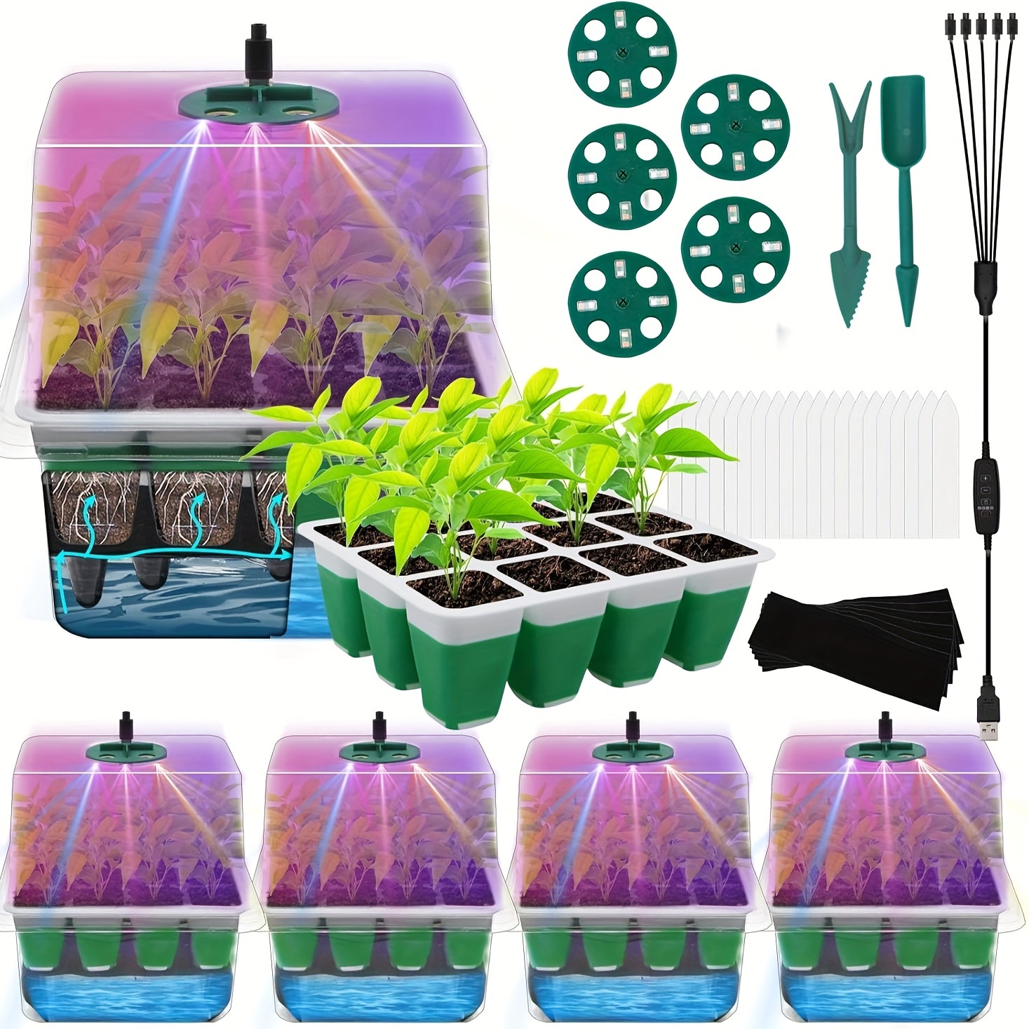 

Self Watering Seed Starter Tray With Grow Light, 5-pack 60-cell Reusable Seed Starter Kit With Soft Silicone, Plant Germination Trays With Humidity Dome For Seeding Planting Growing