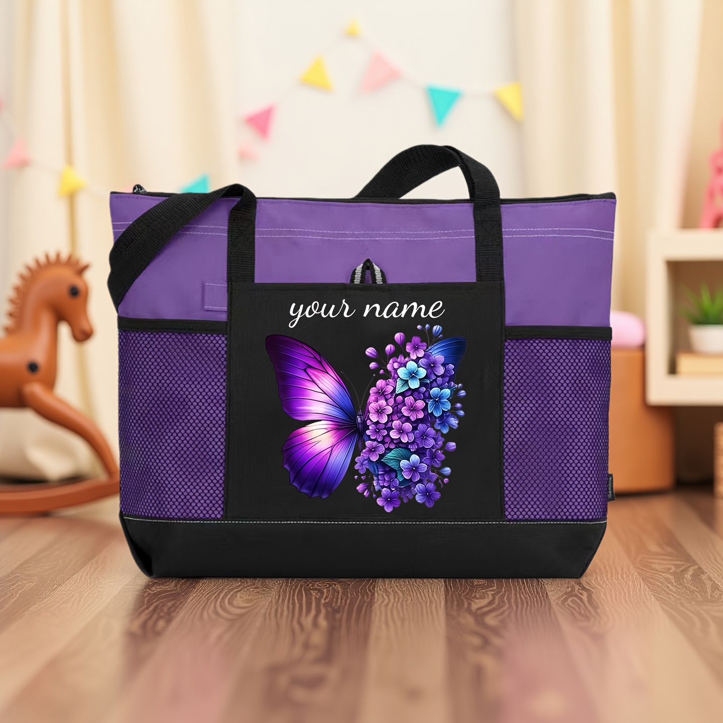 TEMU Purple Pattern, Custom Unique Name, Zipper Closure, Large Capacity Durable Tote Bag, Suitable For Seasonal Decor, Travel, Beach Vacation