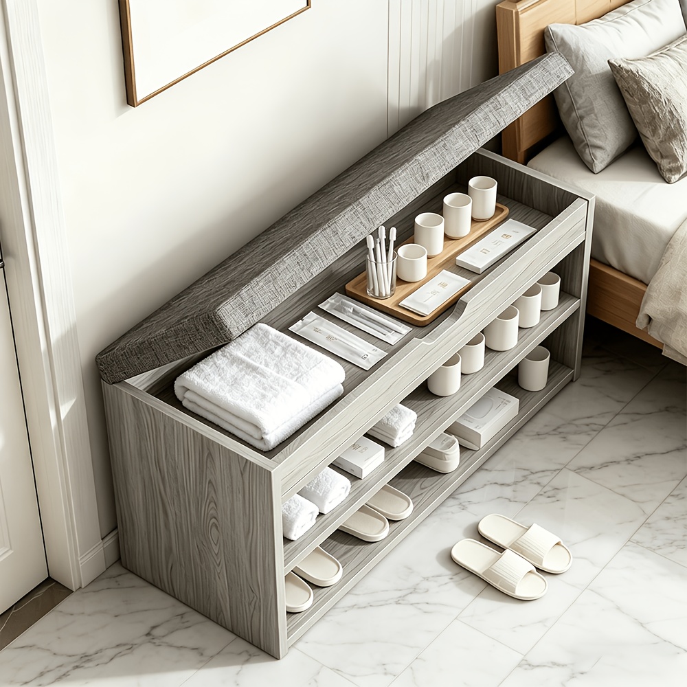 TEMU 3-tier Shoe Bench Porch Changing Stool Rack Cabinets, Multifunctional Shoe Rack, Padded Seat, Open Storage, For Living Room Entryway,