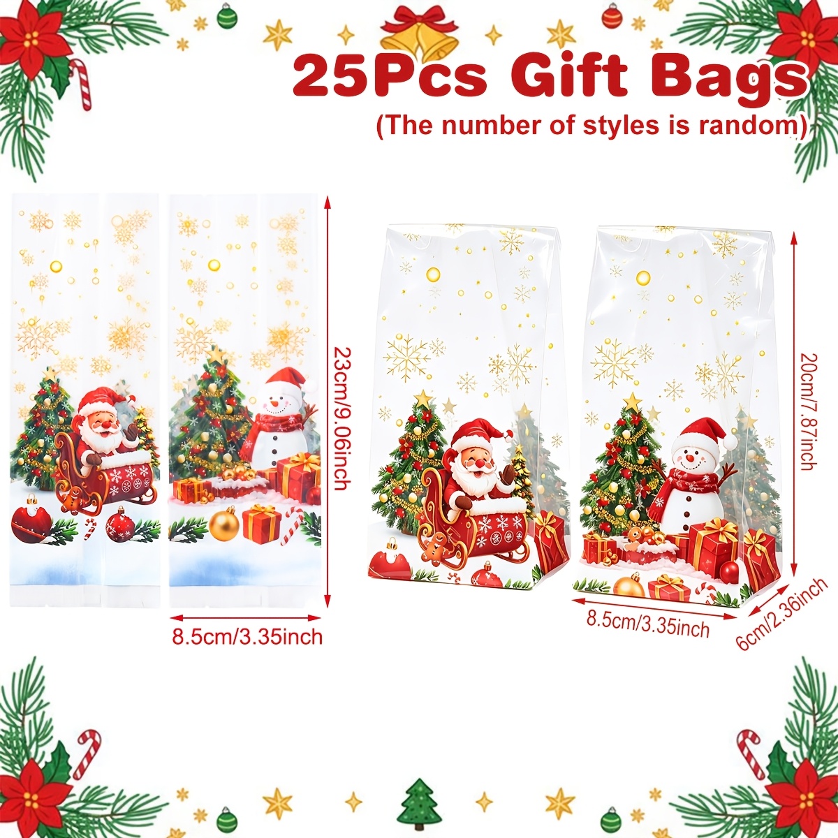 TEMU 25 pièces, Sacs de pâtisserie transparents sur le thème de Noël (style aléatoire), Sacs cadeaux à motif de neige et Père Noël, Fournitures pour