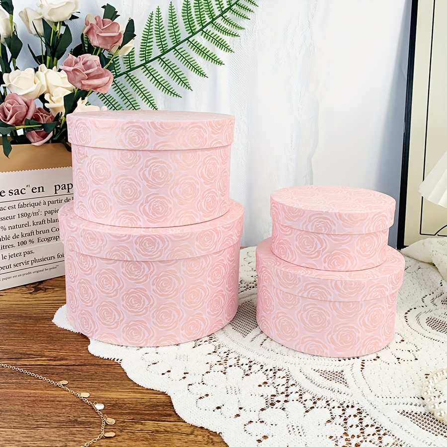 TEMU 4pcs Pink Rose Pattern Round Gift Boxes, Cardboard With Lid Gift Boxes, Storage And Gift Packaging Boxes, Suitable For Home Decoration, Bedroom,