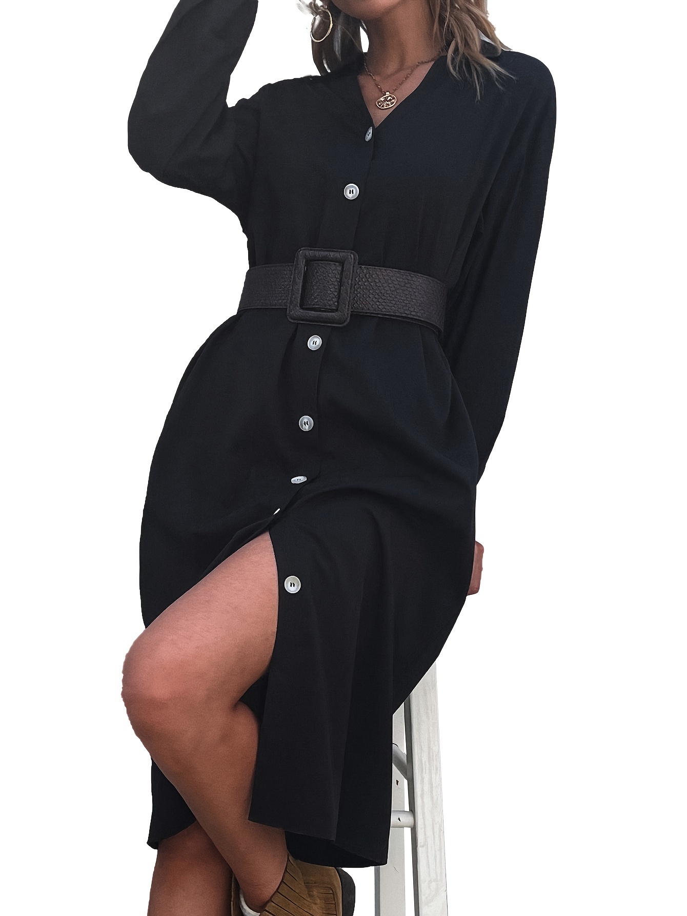 open collar shirt dress COS Women's Open-Collar Mini Shirt Dress in Black | Linen