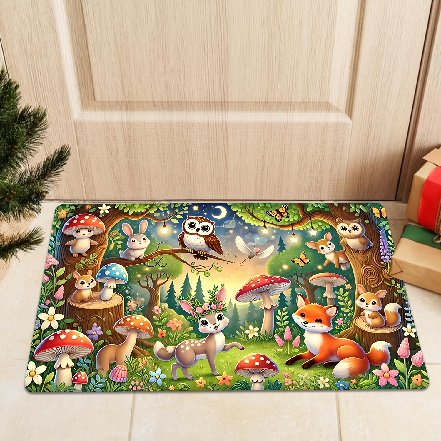 TEMU 1pc Bunny & Fox Forest Animal Mat Suitable For Living Room, Non-slip Machine Washable Flannel With Adhesive Backing, Thick Soft Mat Suitable,