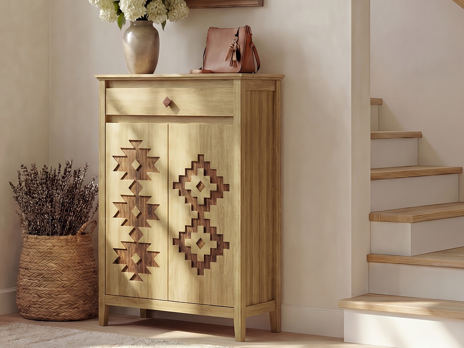 A Five-Level Shoe Storage Unit Featuring Drawers, Crafted from Wood with Adjustable Shelves, a Standalone Walnut Shoe Organizer, Perfect for Entryways, Hallways, And Walk-In Closets