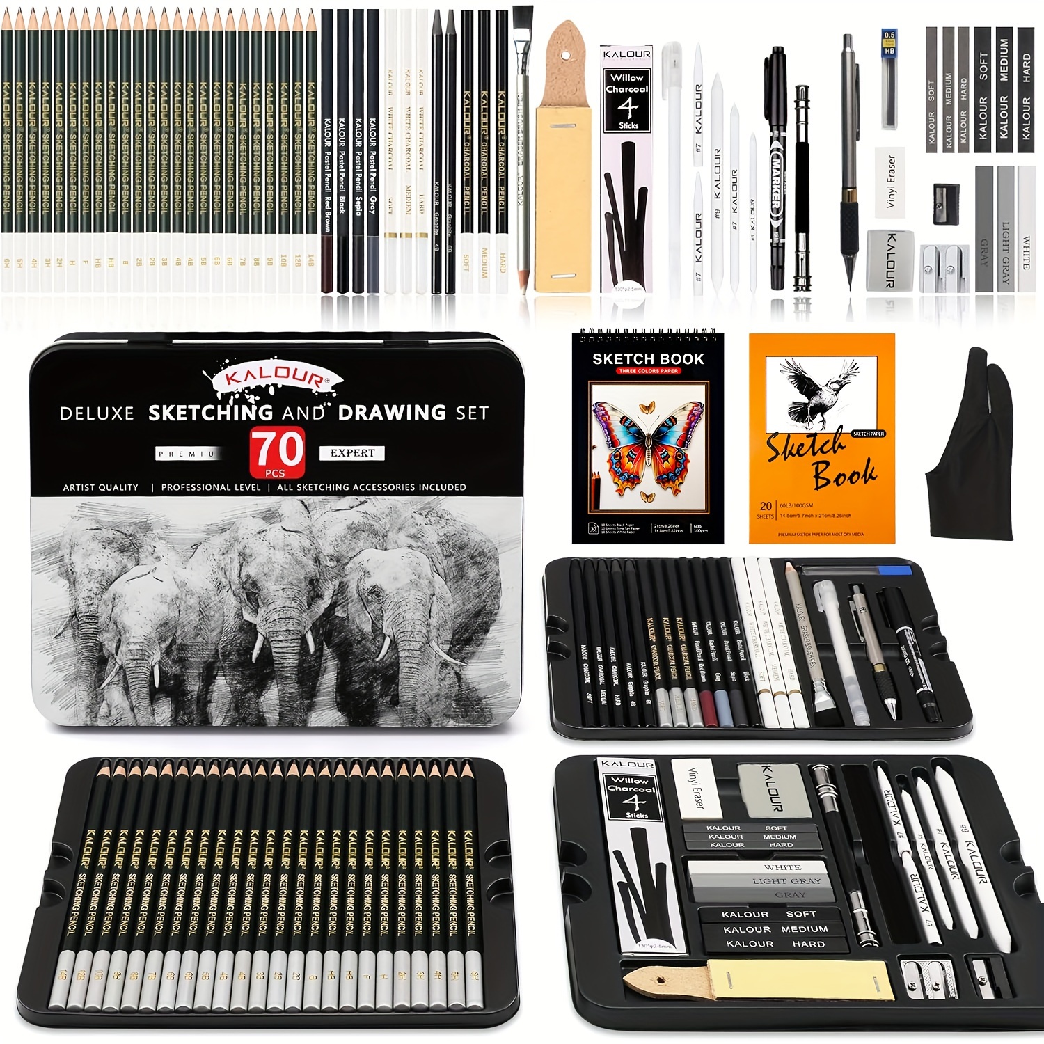 

Kalour Complete Sketching Set - Erasable Graphite & Charcoal Pencils, Drawing Glove, Tin Box With Sketchbook & 3-color Paper Elevate Your Art - Essential Tools For Inspired Creations