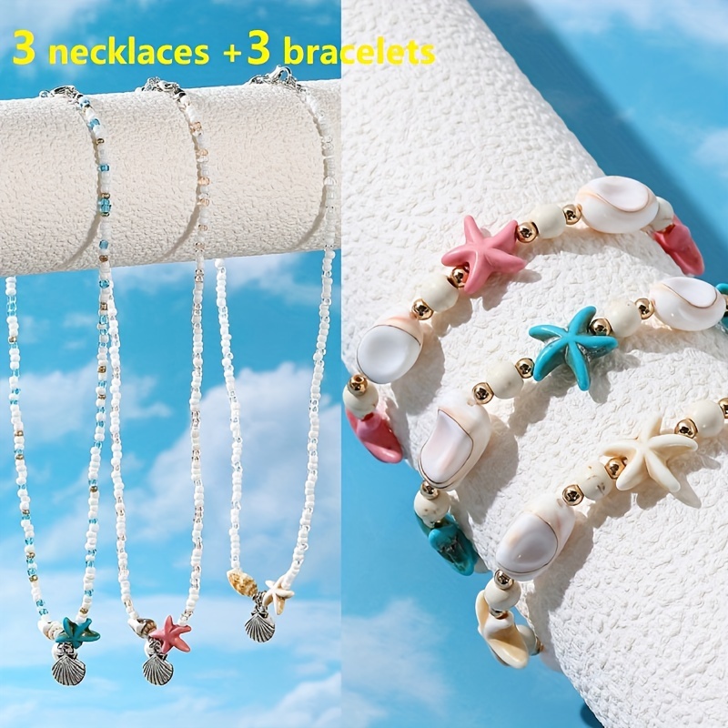 

3 Necklaces +3 Bracelets Bohemian Style Starfish Woven Necklace Summer Beach Shell Conch Rice Bead Necklace New Female Cute Girl Ceramic Sweet Bestie Bracelet