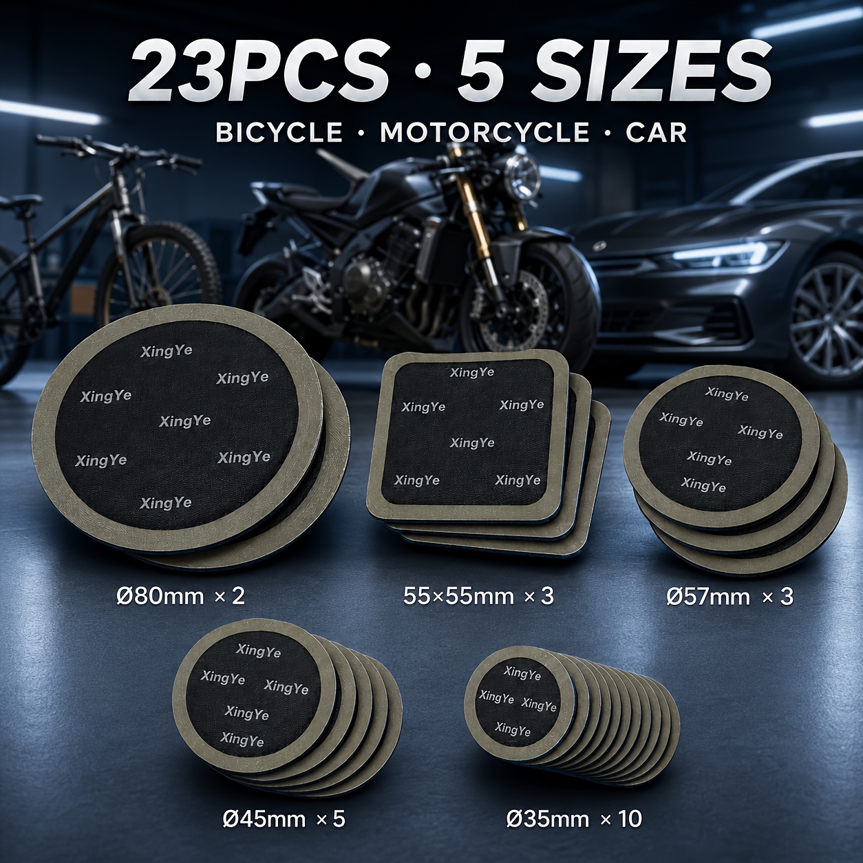 TEMU Kit de 23 pièces de de réparation de pneus, patchs en caoutchouc de 5 tailles pour chambres à air et réparations de pneus de vélo, moto et