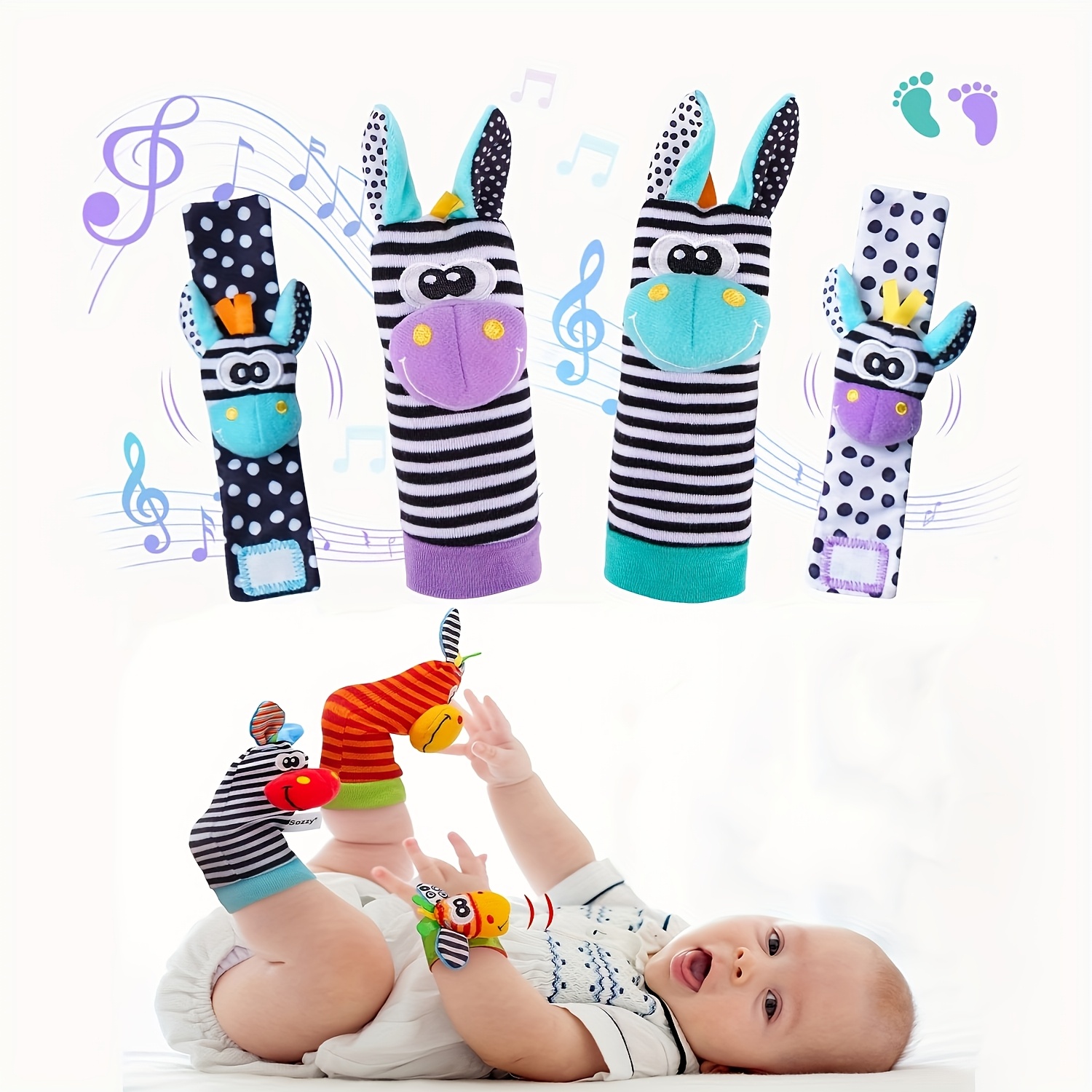 4pcs Baby Wrist Rattles Foot Finder Toys Set, Toddler Rattle Sock, Arm Hand Bracelet, Feet Leg Ankle Socks, Gift for Newborn Infant Babies Boy Girl Bebe