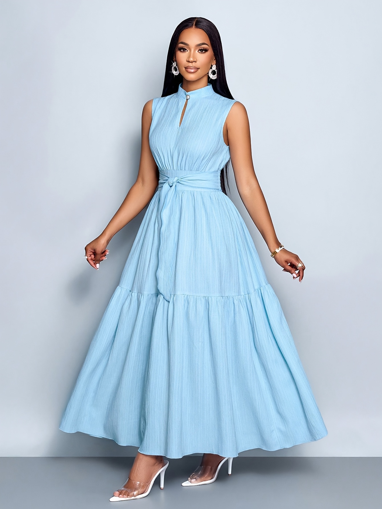 womens a line maxi dress stand collar back button closure - Temu South  Africa
