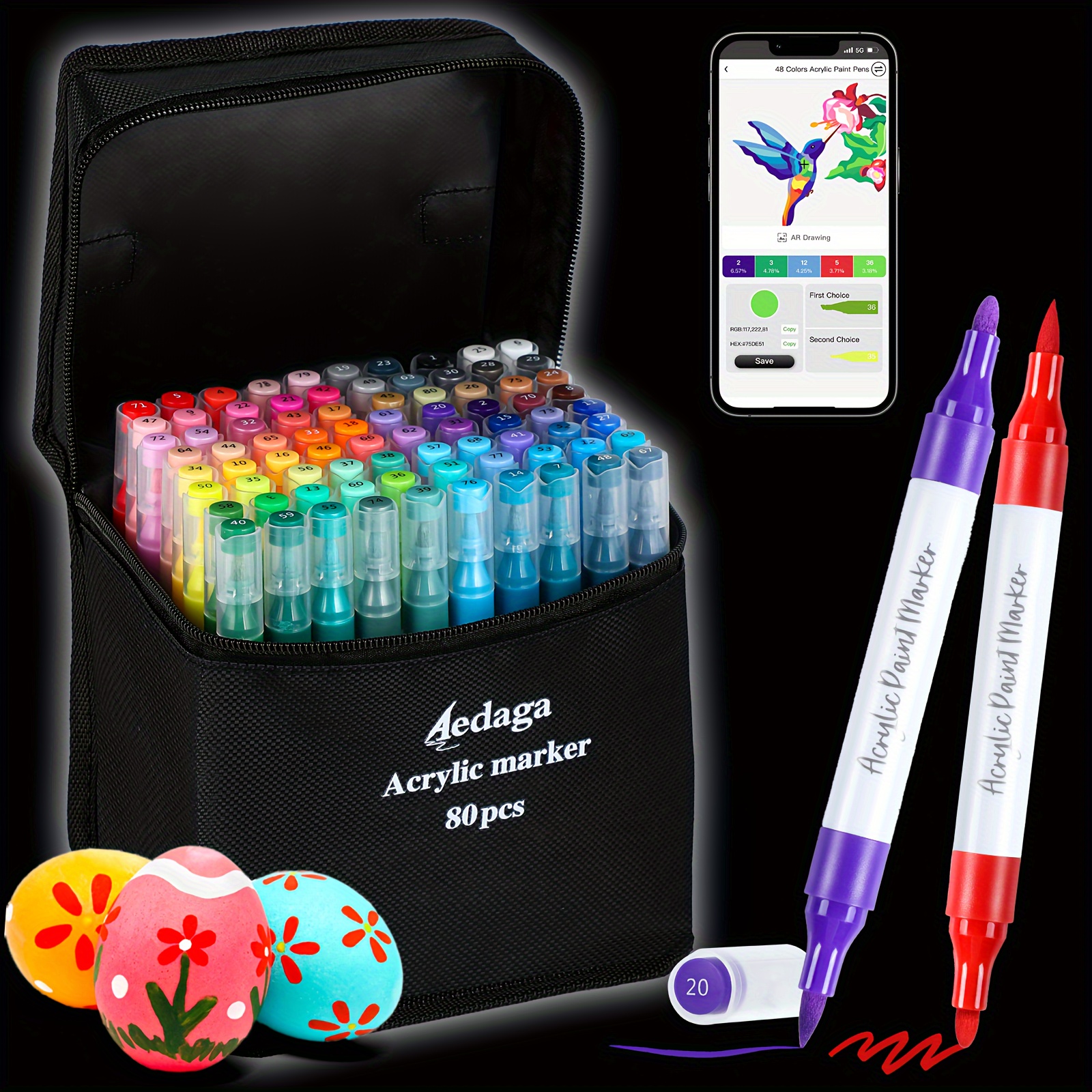 

80 Colors Acrylic Paint Pens With Free App, Dual Tip Acrylic Paint Markers With Brush Tip And Fine Tip For Adults, Kids, Eggs, Wood, Rock, Canvas, Plastic, Stone, Glass, Ceramic