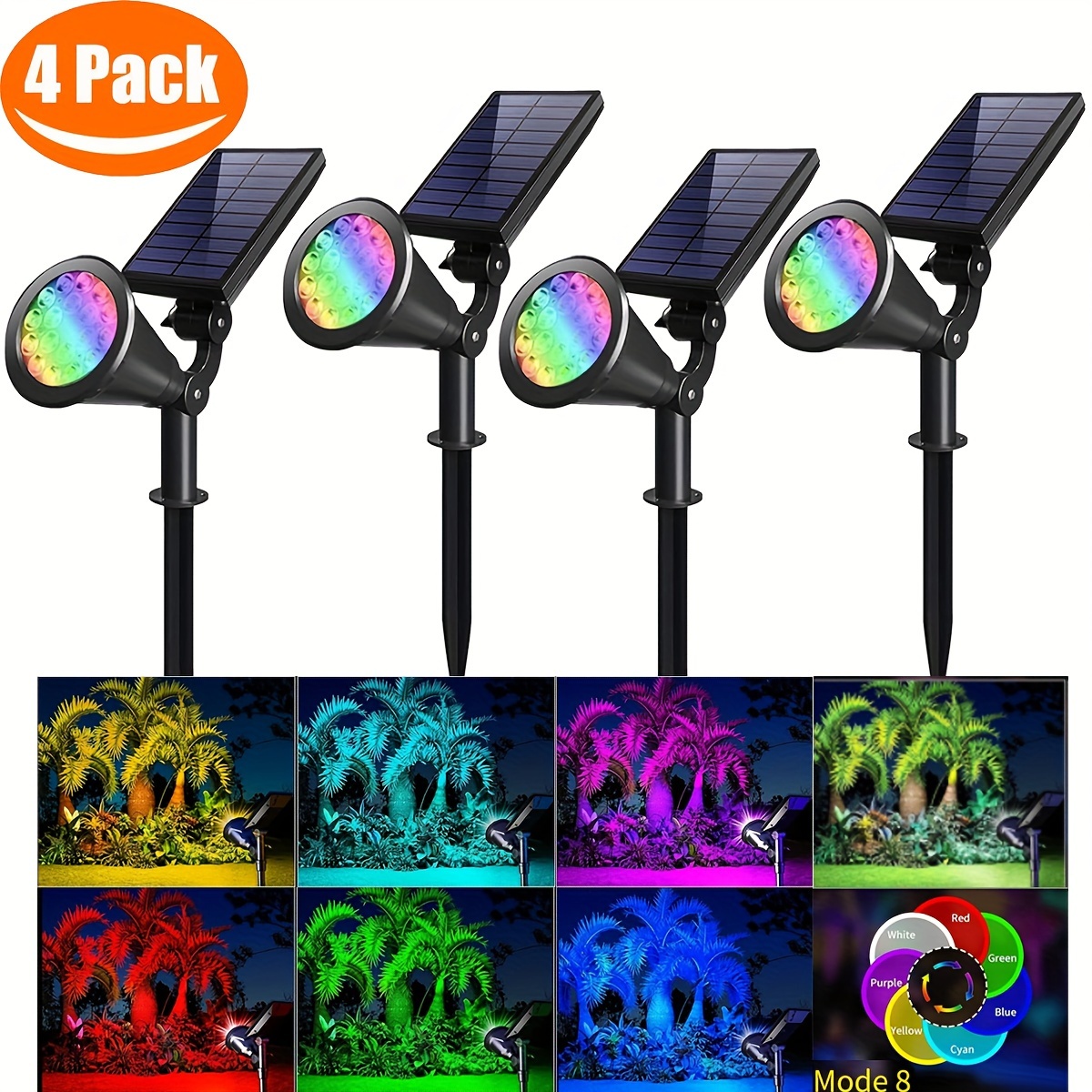 

[4 Pack ] Solar Spot Lights Outdoor, 18 Leds, 8 Solar Flood Lights Outdoor, Color Changing Solar Spotlight Wall Lights For Area Pond, Landscape Solar Lights For Yard