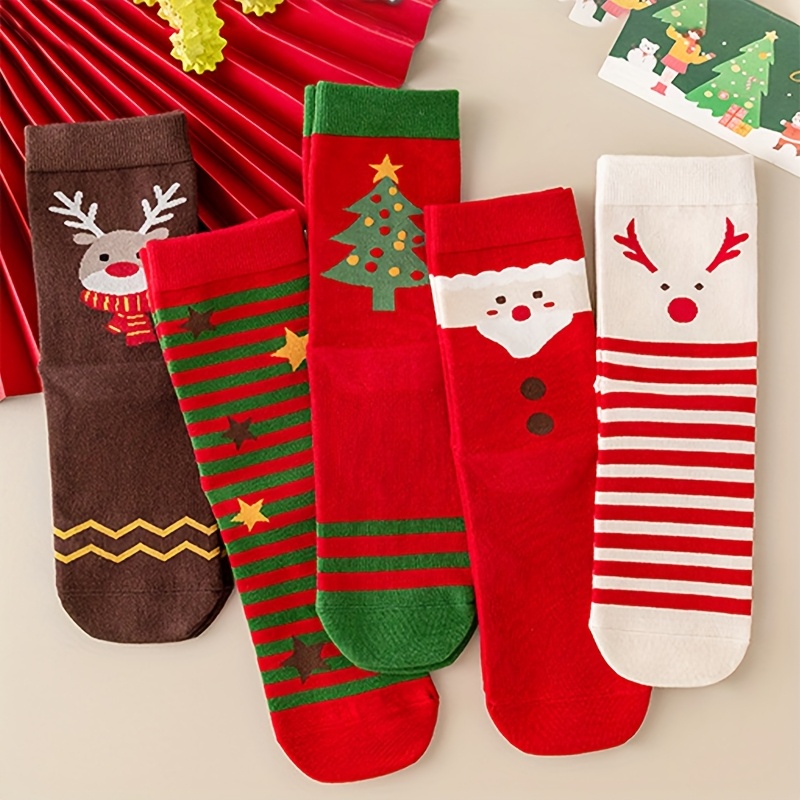 Image of Random 5 Pairs Women Men Couple Christmas Mid-calf Socks, Soft Comfortable Socks, Mid-calf Casual Socks, Socks, Warm Socks, Suitable For Winter Christmas Outfit