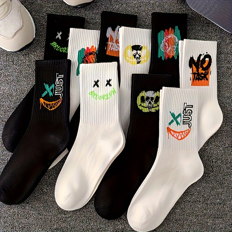 

10 Pairs Unisex Trendy Graffiti Pattern Crew Socks, Breathable Comfy Casual Unisex Socks For Outdoor Wearing All Wearing