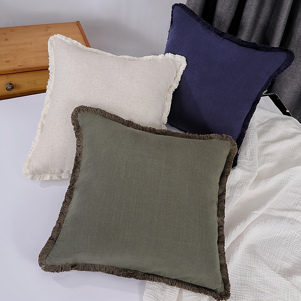 

Chic 2pcs Linen Tassel Throw Pillow Covers - Soft, Comfortable Farmhouse Cushion Cases For Sofa & Bed Decor, Zip Closure, Hand Wash Only