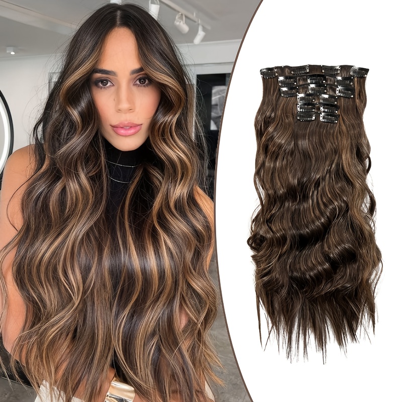 womens long wavy hair extensions 6pcs long curly strands 20inch high temperature fiber in brown with blonde highlights and dark brown synthetic hair adds volume to hair suitable for daily wear high   extensions details 4