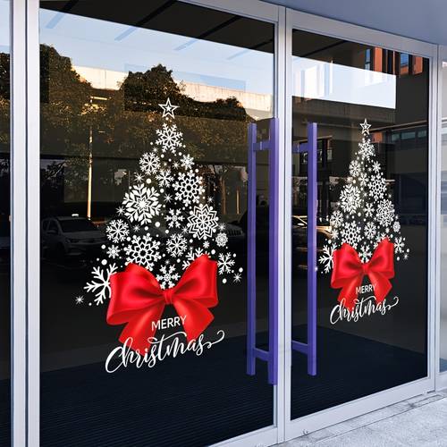 new year festive atmosphere red bow tie christmas snowflake shaped christmas tree glass non static cling stickers for store window glass decoration