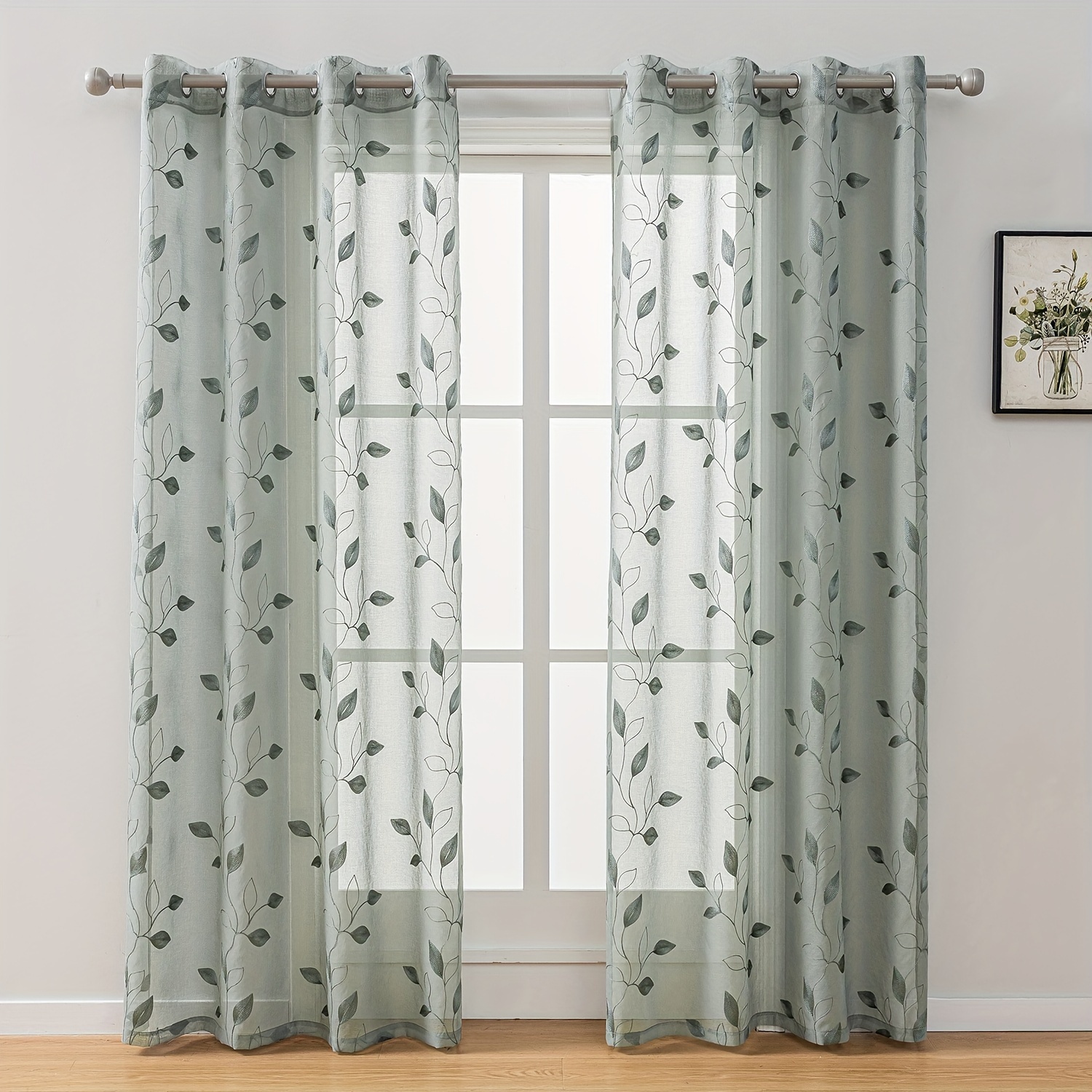 Image of 2pcs Embroidered Sheer Curtains, Grommet Curtains, Flower Sheer Pattern Curtains Semi Sheer Curtains For Bedroom Living Room