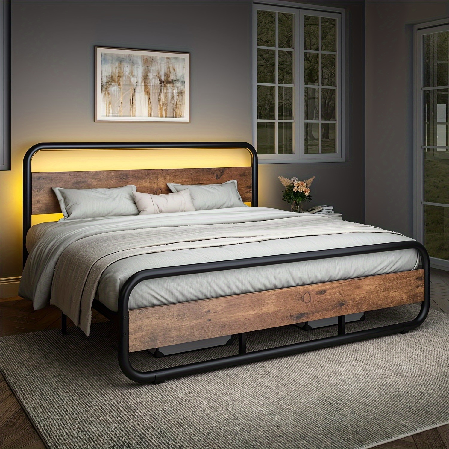 

Metal Bed Frame With Led Headboard, Industrial Heavy Duty Wooden Platform Bed Frame With Under Bed Storage, Spring Needed