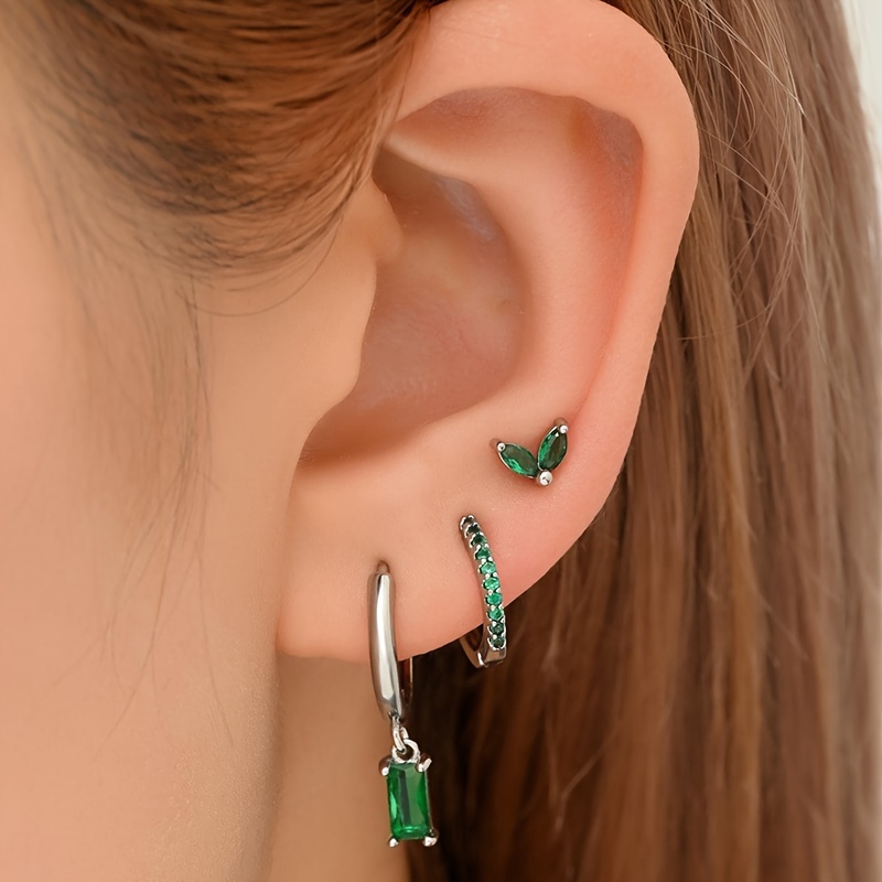 

6pcs/set Green Color Zirconia Square Decorative Stud Hoop Huggie Earrings Suitable For Women Daily Wear