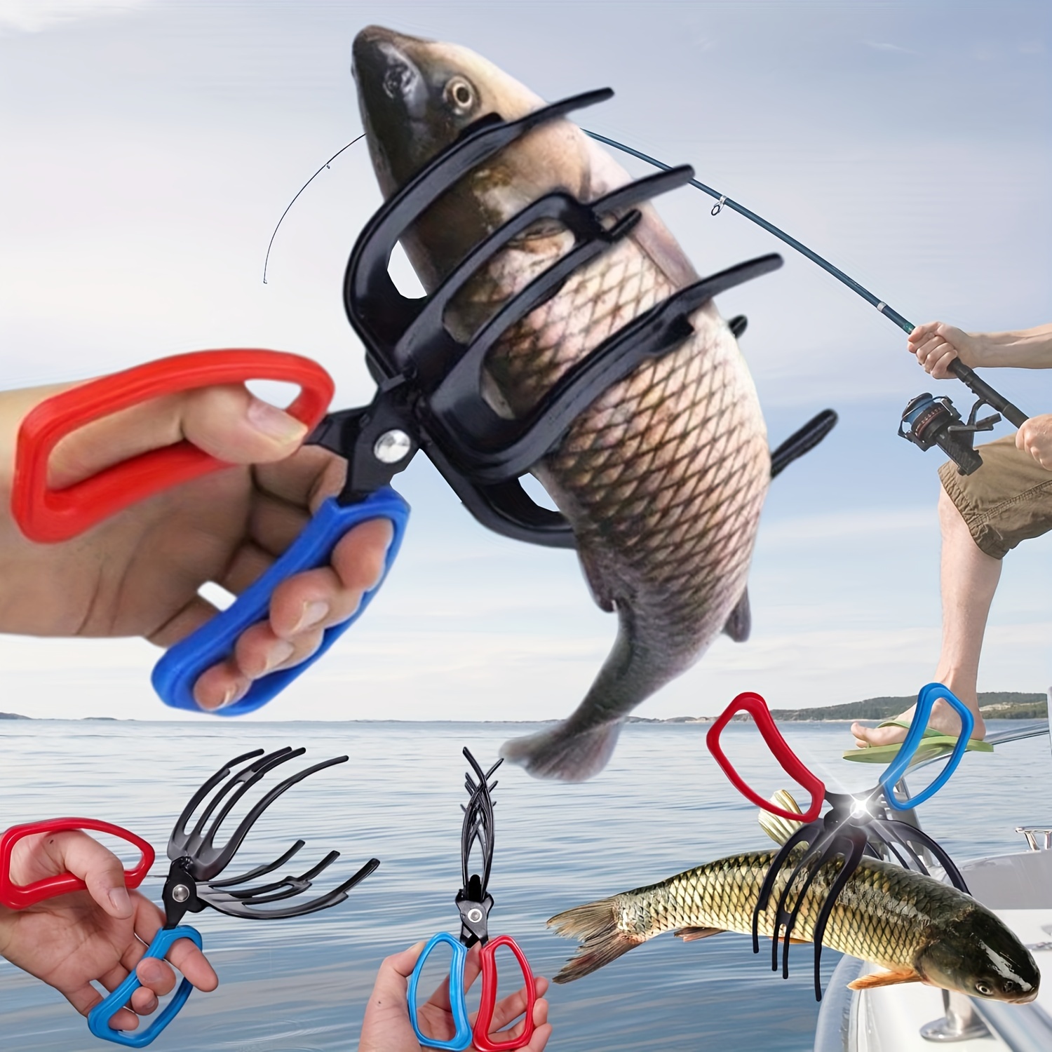 Portable Fish Grip Grab Catch Mouth Lip Gripper Grabber Catcher Fishing  Tackle Tools Mini stainless steel fish control_Black + rope + white box