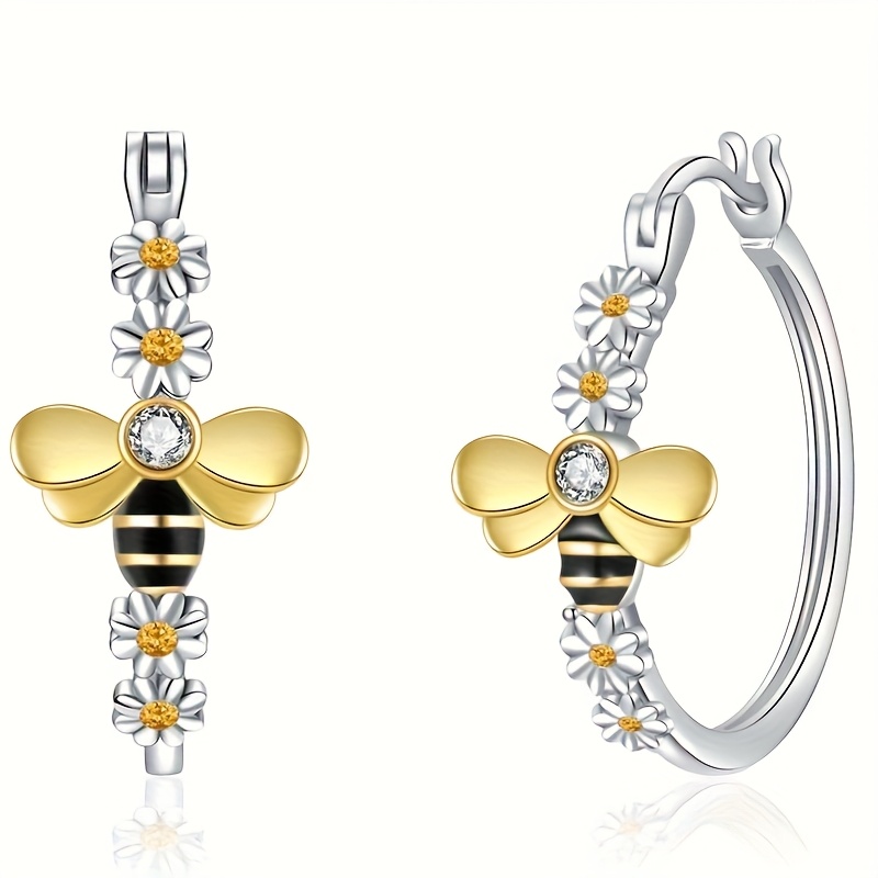 Image of Readkiss Women's Elegant Double-tone Daisy Bee Circle Earrings - Golden & With Synthetic Zirconia Accents, Copper Alloy, Perfect For Daily Wear