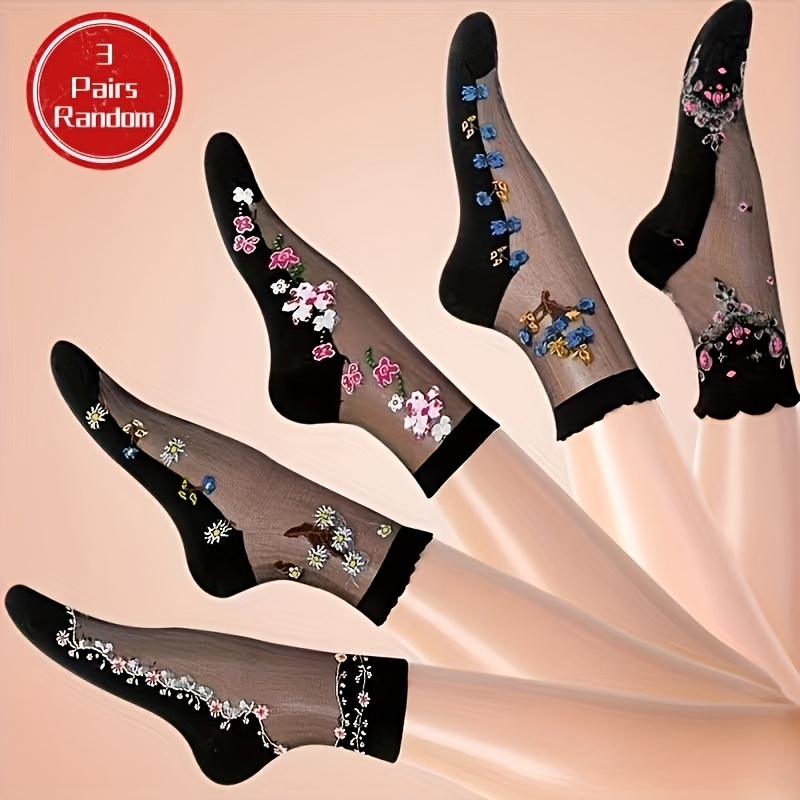 TEMU Lot aléatoire de 3 paires de bas à pour femme, style européen et américain, chaussettes fines en verre printemps/été pour dames d'âge mûr et