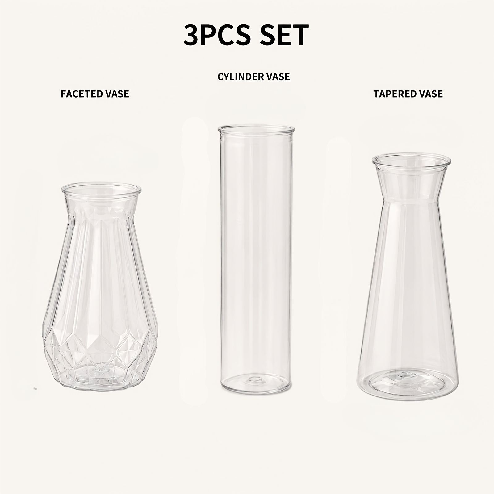 TEMU 3pcs Small Transparent Plastic Vase Set, Including 3 Styles Mini Transparent Vase, Suitable For Diy Flower Arrangement, Flowers, Artificial